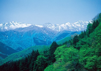 春の白神山地を望む